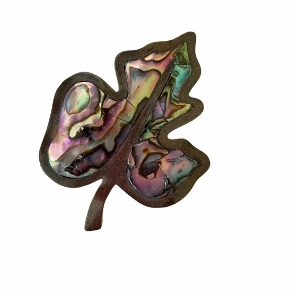 Vintage Taxco 925 Silver Abalone Shell Leaf Brooch Earrings Matching Jewelry Set